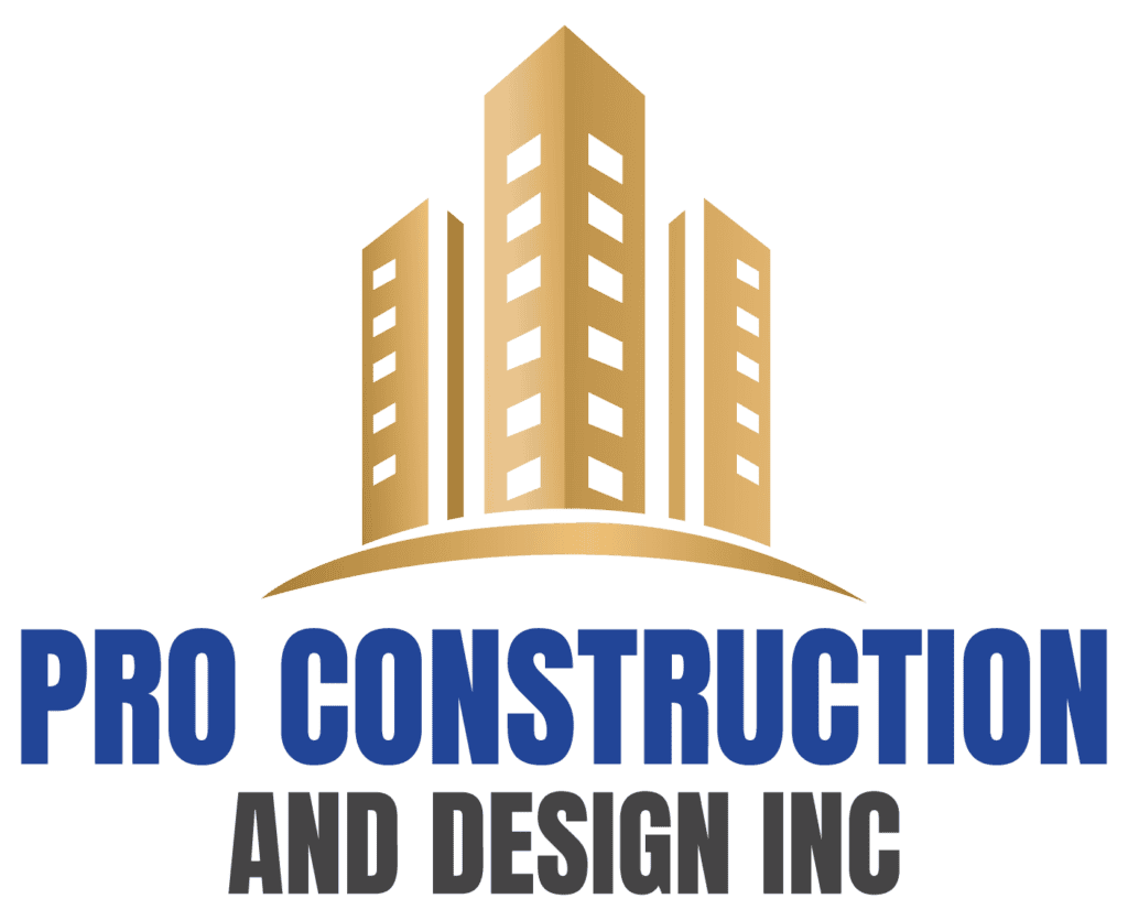 Pro Construction and Design Inc logo featuring a tall building silhouette, emphasizing professional.