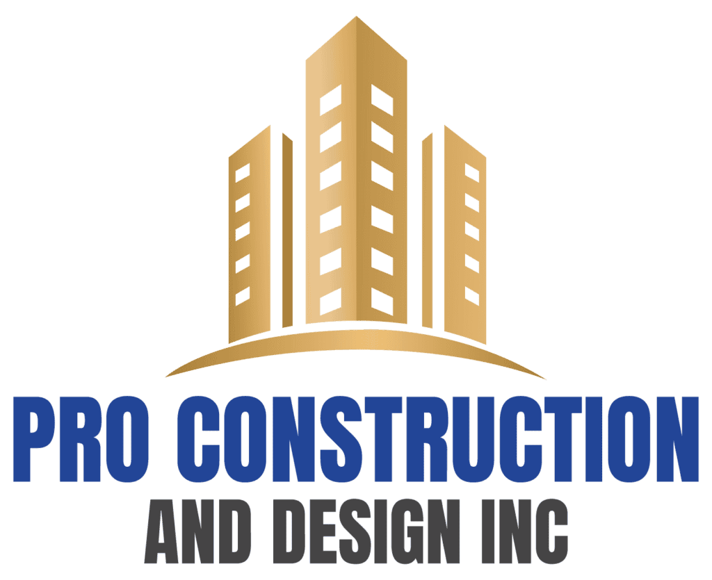 Pro Construction and Design Inc logo featuring a tall building silhouette, emphasizing professional.
